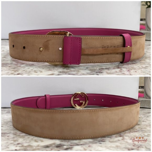 Authentic Gucci Hot Pink Calfskin Leather Gold Interlocking G Buckle Belt 80/32 - Picture 7 of 13